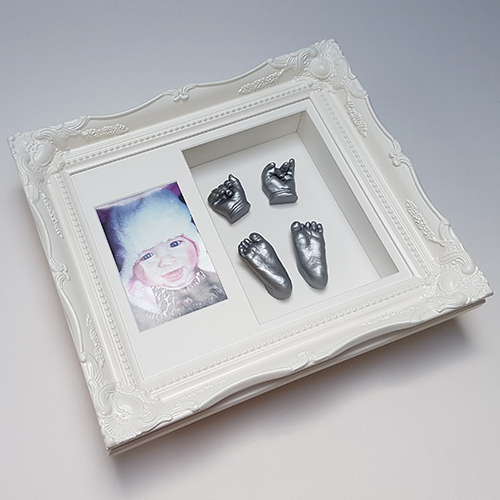Silver casts of a 6 week old in a Luxury Vintage 12x10 double frame with photo
