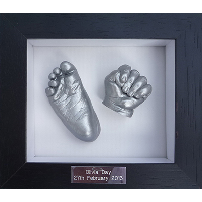 Contemporary 6x5 Black frame with silver casts of a 3 week old newborn