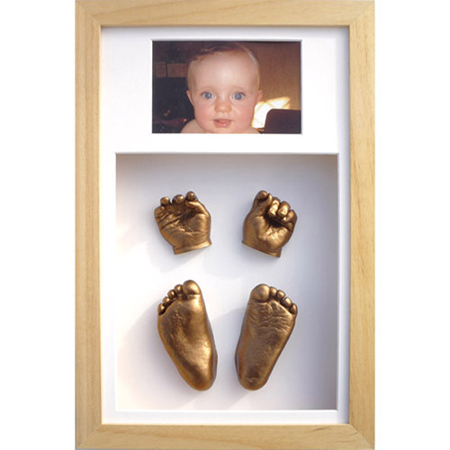 Classic 16x10 Double Natural frame with gold hand a foot casts of a 15 month old
