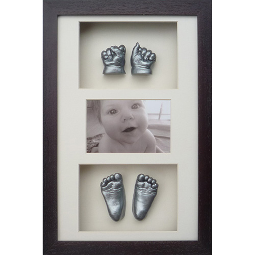Classic 16x10 Triple Chocolate frame with silver hand a foot casts of a 4 month old