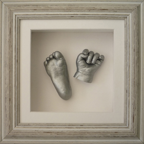 Deep 8x8 Square Distressed Waterfall frame with silver casts of a 9 month old
