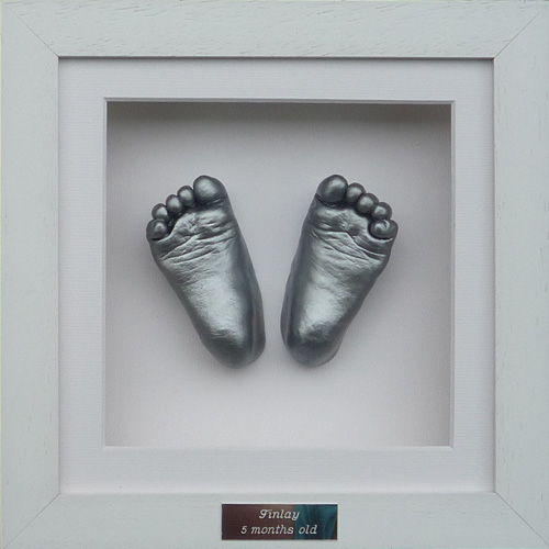 Classic 8x8 Square White frame with silver foot casts of a 9 month old
