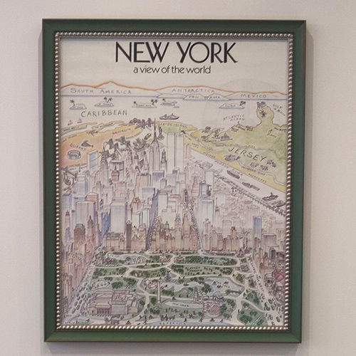 New York print in green frame highlighted with silver inner slip frame